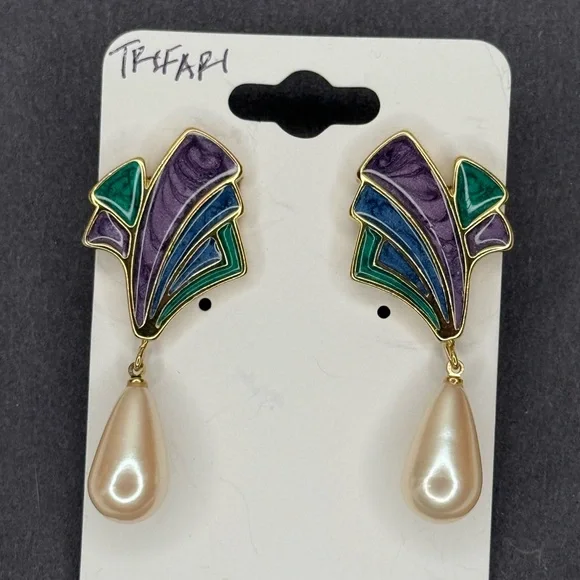 Vintage Trifari Enamel Drop Earrings Purple Green Blue Faux Pearl Clip On 1980s - Picture 3 of 7